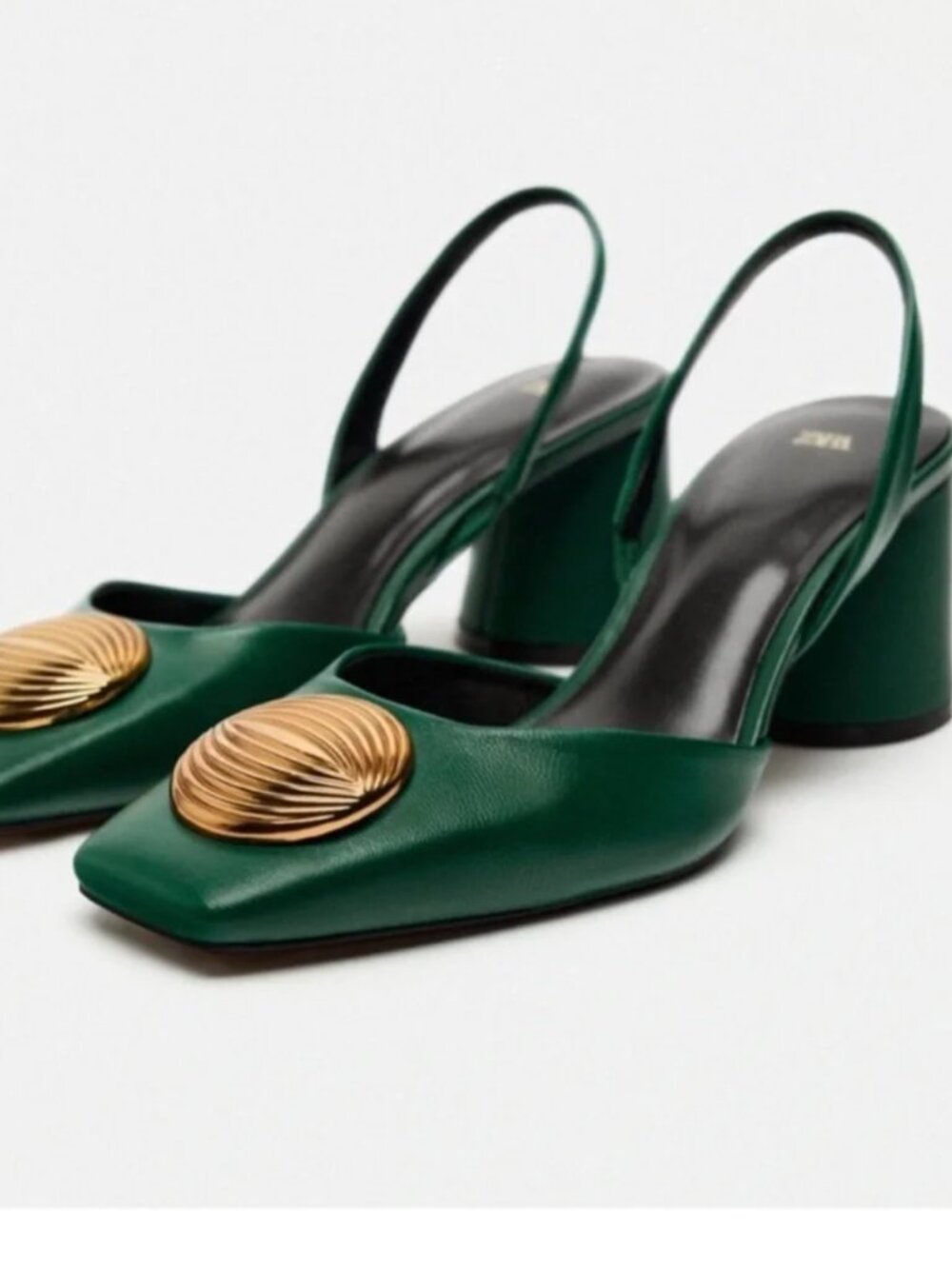 ZARA GREEN LEATHER BLOCKED HEELED SLINGBACK SHOES WITH GOLD METAL NEVER WORN